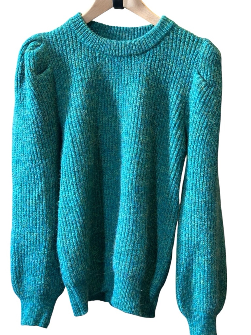 Teal Ribbed Cozy Crewneck Sweater with Puffy Sleeves - Women size M